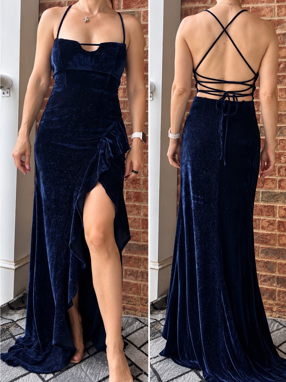 Midnight Blue Velvet High-Low Evening Dress with Side Ruffle